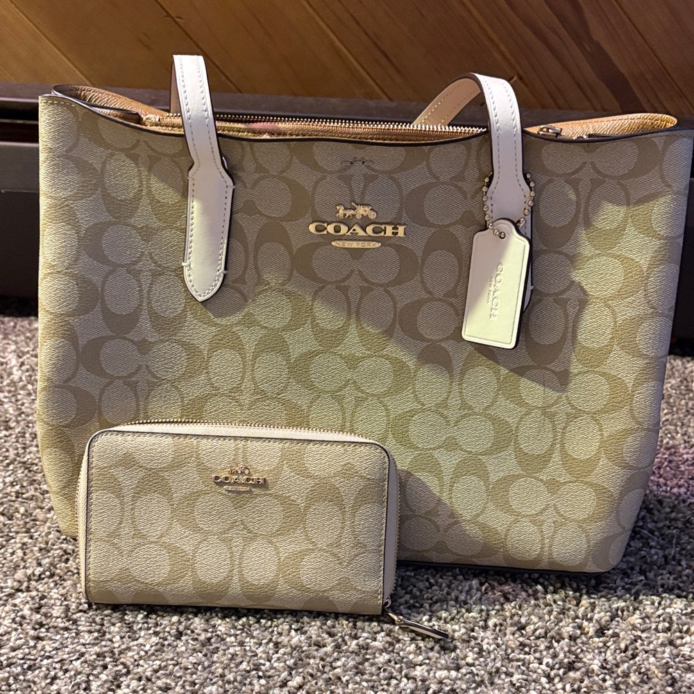 Coach Tan Signature Tote and Wallet Set